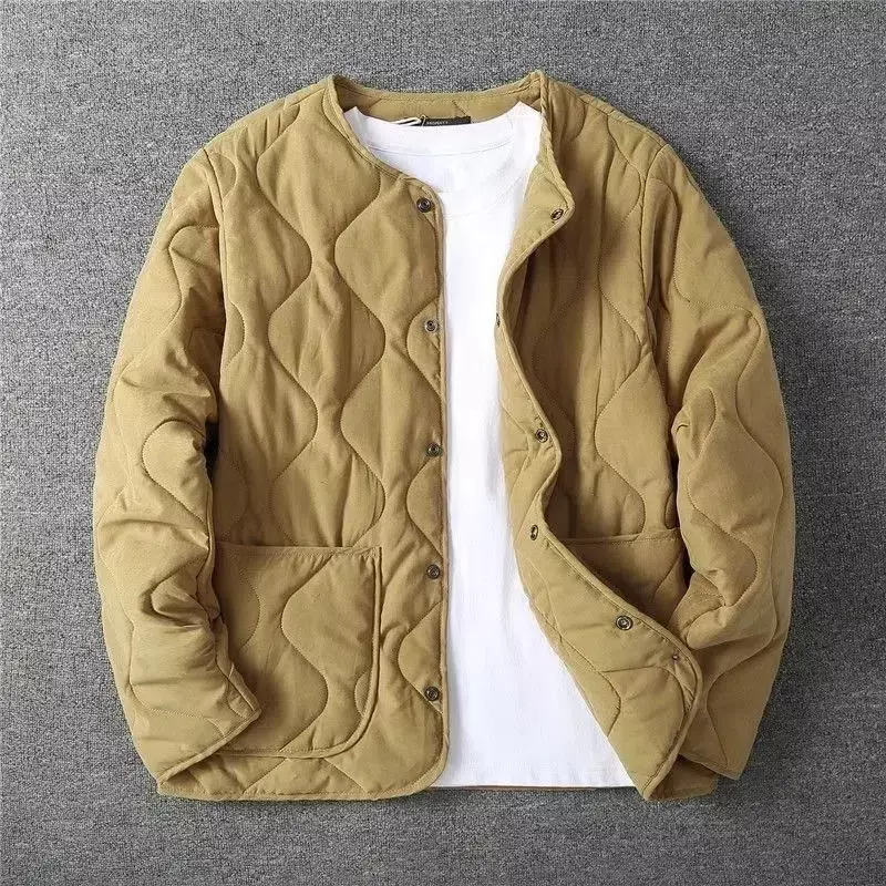 2023 Autumn Winter O-neck Quilted Jacket Men's Versatile Army Green Retro Thickened Coat Men Techwear Button Up Oversize Jacket