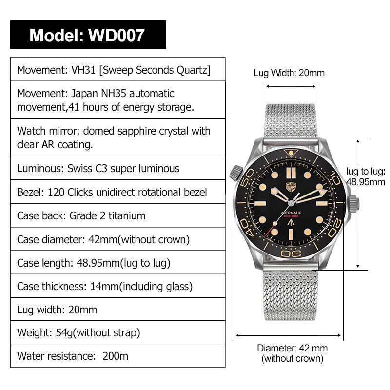 Часы наручные WatchDive NTTD из титана WD007 NH35, автоматические водонепроницаемые Супер Светящиеся Часы с сапфировым стеклом C3 100 м