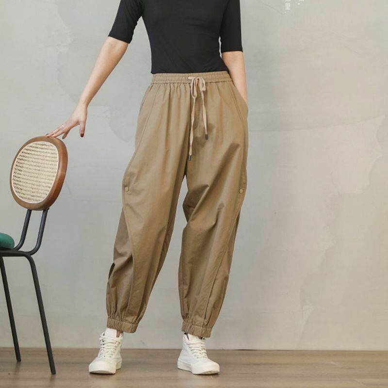 Celana wanita pinggang tinggi, celana kasual gaya Safari lurus longgar kancing Splice kolor pinggang tinggi Solid elastis baru musim semi dan panas