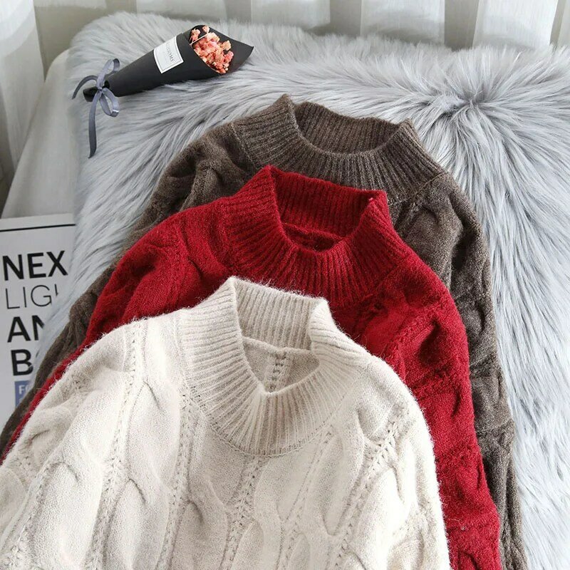 Плотный теплый вязаный длинный женский свитер и пуловеры с рукавами-фонариками, однотонный прямой женский свитер, верхняя одежда, топы