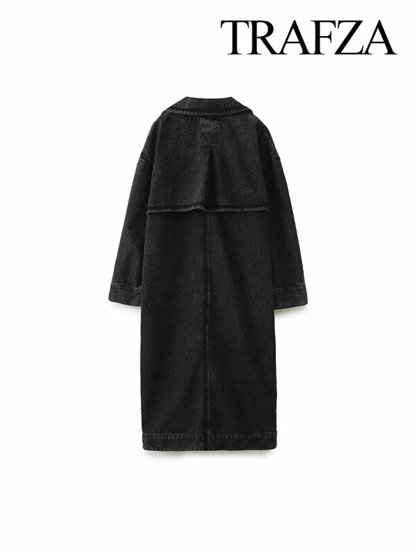 TRAFZA-chaqueta vaquera holgada para mujer, abrigo de manga larga con solapa desgastada, Estilo Vintage, color negro, primavera, 2024
