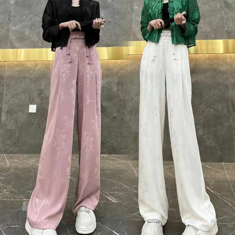 Żakardowe spodnie z prostymi nogawkami damskie 2024 letnie nowe w stylu chińskim klamra z wysokim stanem satynowa zasłona Casual spodnie z szerokimi nogawkami