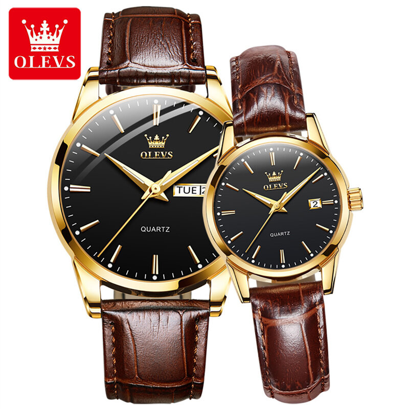 OLEVS Brand New Fashion Lovers Quartz Watch for Men Women Luxury Leather Strap Waterproof Luminous Week Date Couple Watches
