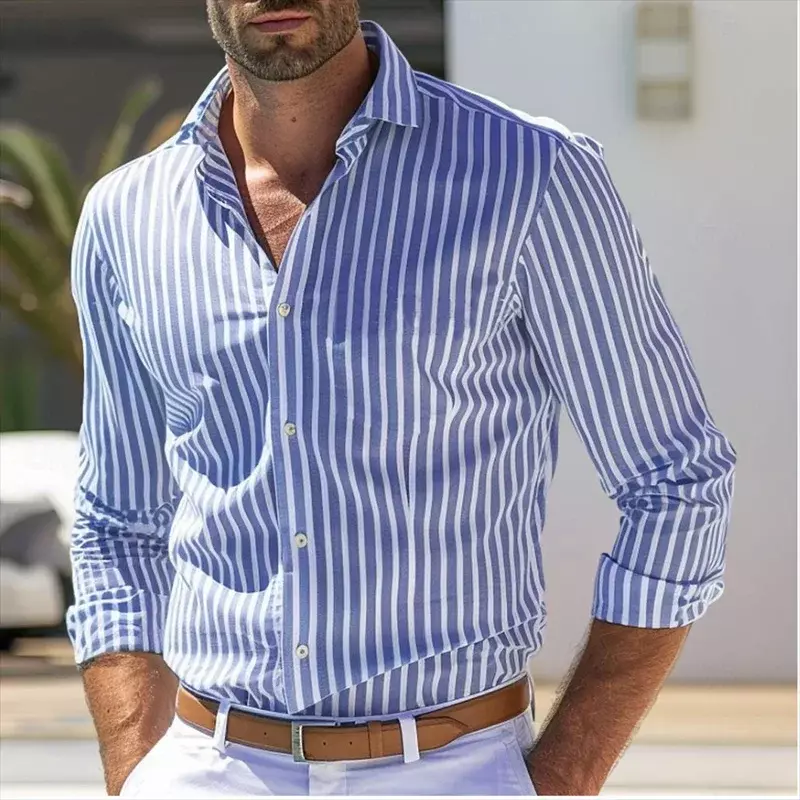 Camiseta masculina de botão, manga comprida, lapela listrada, roupa de resort diária, tops casuais, preto, vermelho, azul, elegante