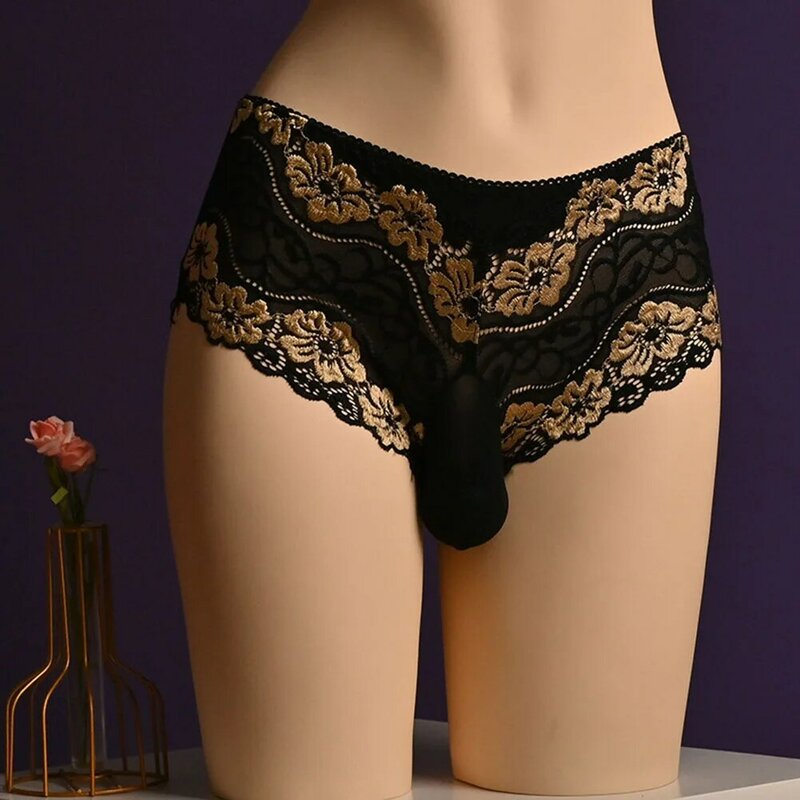 Men Lace Sheer Panties Mesh Sissy Pouch Briefs Underwear Lingerie Underpants Low Rise Ultra-Thin See-through Inmitate
