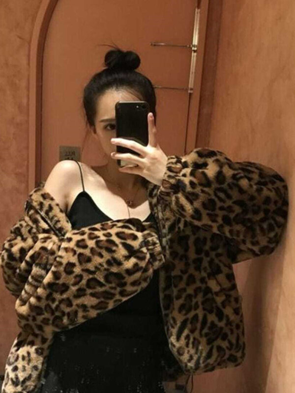 Jaqueta de pele de leopardo feminina, gola alta, zíper, casacos de pelúcia, vintage, moda coreana, casual casual casual, fofo, quente, feminina, inverno