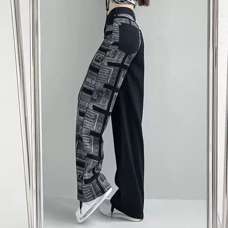 Vintage High Street Muster Druck Y2K Streetwear Harajuku Gerade Jeans Hosen Mode Hohe Taille Tasche Denim Hosen Kleidung