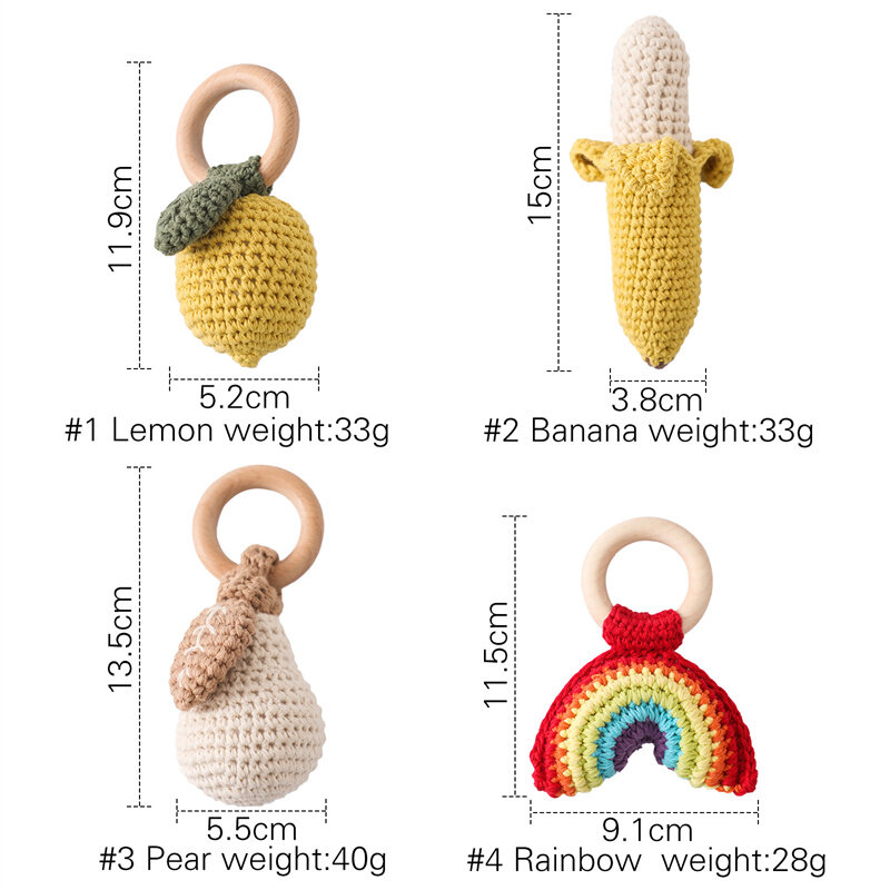 1pc Baby Crochet Rattles Fruits Lemon Rattle Toy Wood Ring Baby Teether Rodent Infant Gym Mobile Rattles Newborn Educational Toy