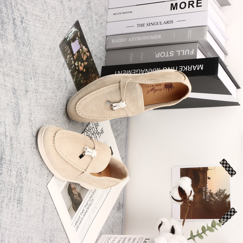 Sepatu loafer kulit Suede Premium, sepatu selop mokasin bergaya untuk pria wanita, koleksi musim panas 2023