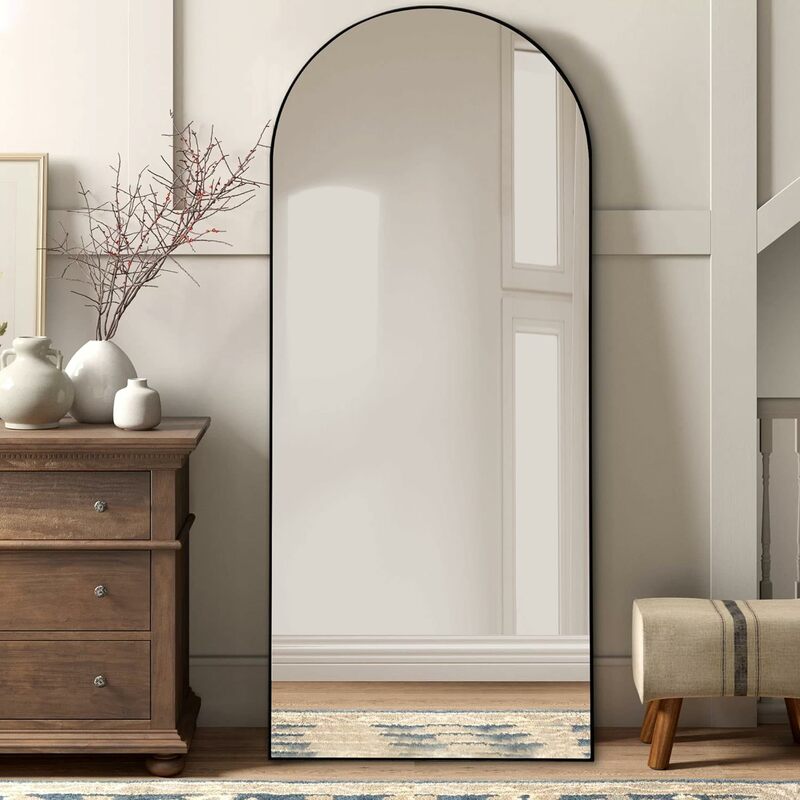 مرآة خشبية مقوسة على الطراز المتوسطي ، واقفة أو معلقة على الحائط ، خشب صلب ، مقاومة للكسر ، غرفة نوم ، 71 × 28 بوصة