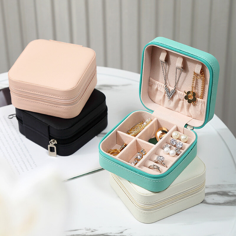 Kotak penyimpanan perhiasan portabel, kotak penyimpanan perhiasan kulit PU, tampilan Organizer perhiasan cincin kalung