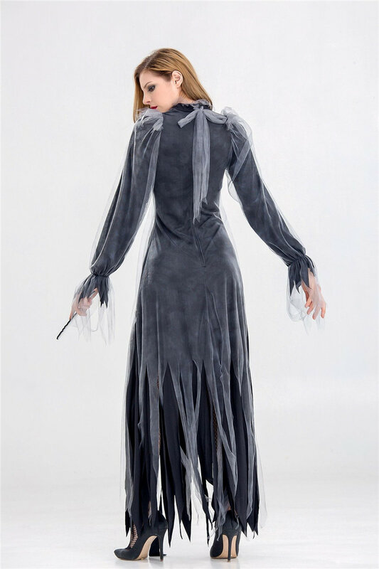 Dorosłe kobiety Halloween straszny Zombie duch panna młoda przebranie cmentarz trup kostium czarny rozcięty długa sukienka