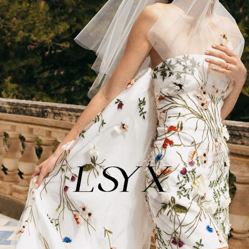 LSYX fiore ricamo senza spalline guaina Mini abito da sposa staccabile corte treno sopra il ginocchio abito da sposa corto su misura