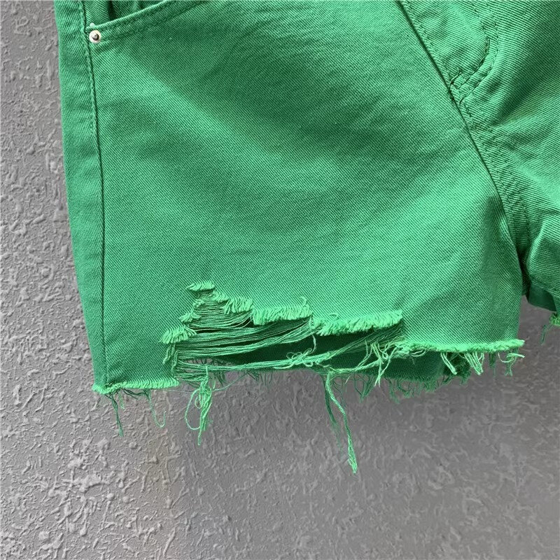 Новинка лета 2024, ярко-зеленые винтажные облегающие брюки с высокой талией и широкими штанинами, с перфорированными оборками, джинсовые спортивные шорты, короткие шорты