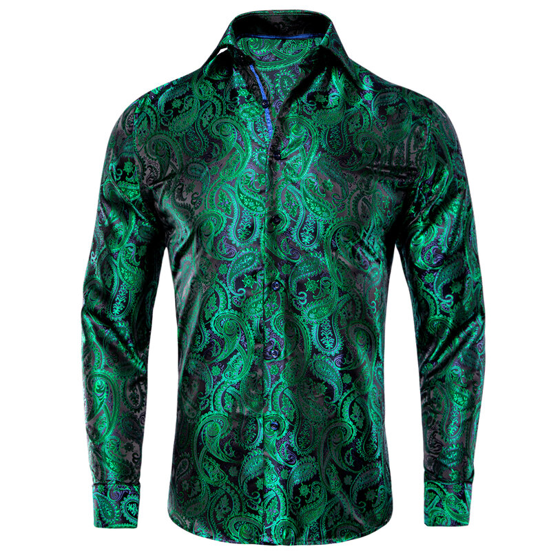 Hi-Tie Silk Mens Shirts Breathable Jacquard Floral Paisley Long Sleeve Male Blouse for Groom Wedding Party Business Event Gift