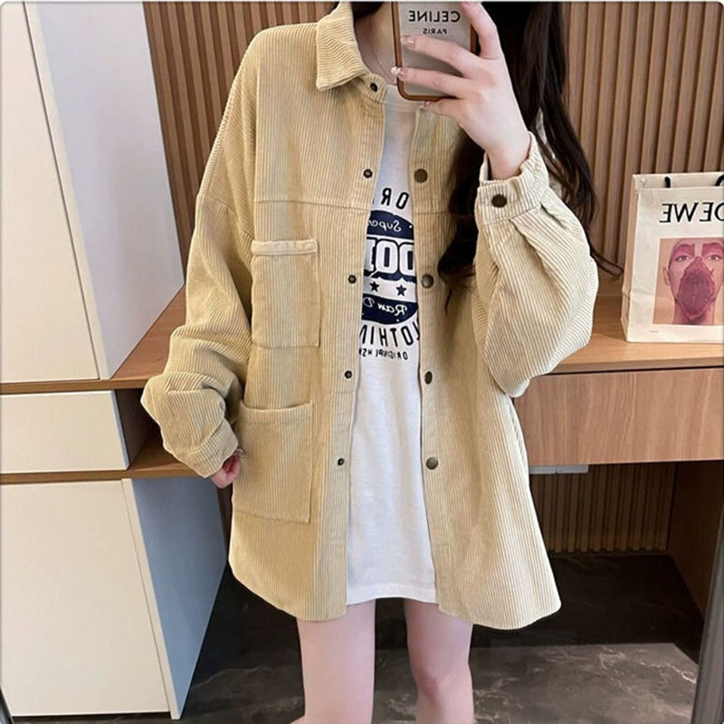 Vintage Corduroy Spring Autumn Shirt Women Jacket 2024 New Solid Single-Breasted Long-Sleeved Shirt Coat Female Casual Lady Tops