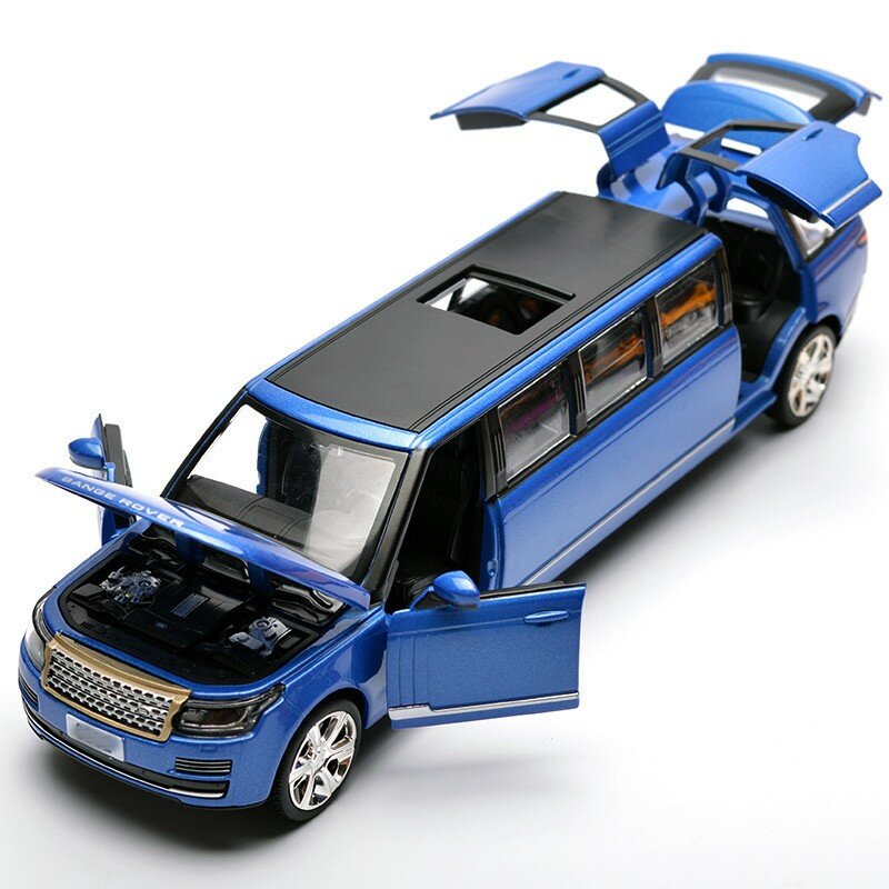 1:32 simulazione Land Range Rover allunga lega Limousine metallo Diecast modello di auto tirare indietro lampeggiante giocattoli musicali per bambini regalo per ragazzi