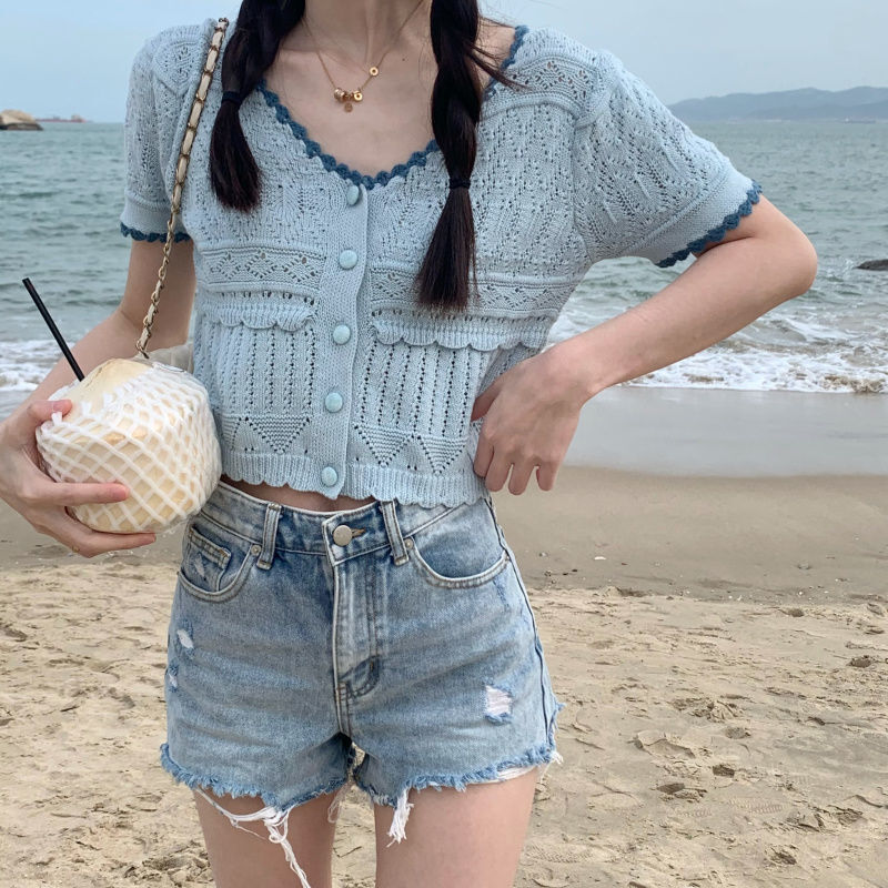 Summer Cardigan Women T Shirts Korean Style Harajuku Hollow Out V Neck Patchwork Ins Short Sleeve Basic Casual Chic Elegant Tee
