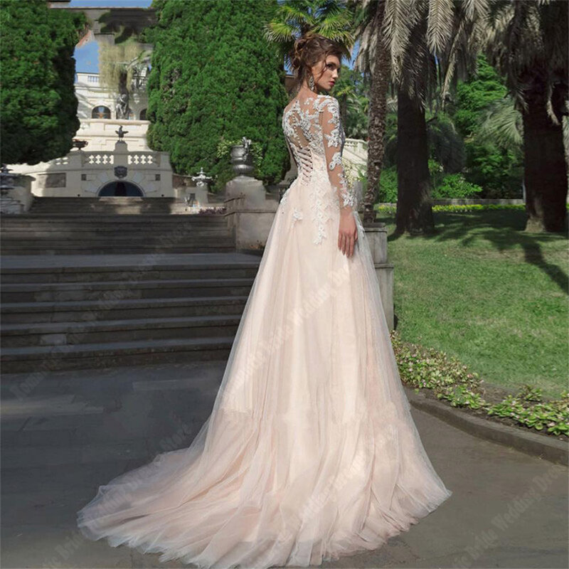 Женское свадебное платье с круглым вырезом, длинным рукавом