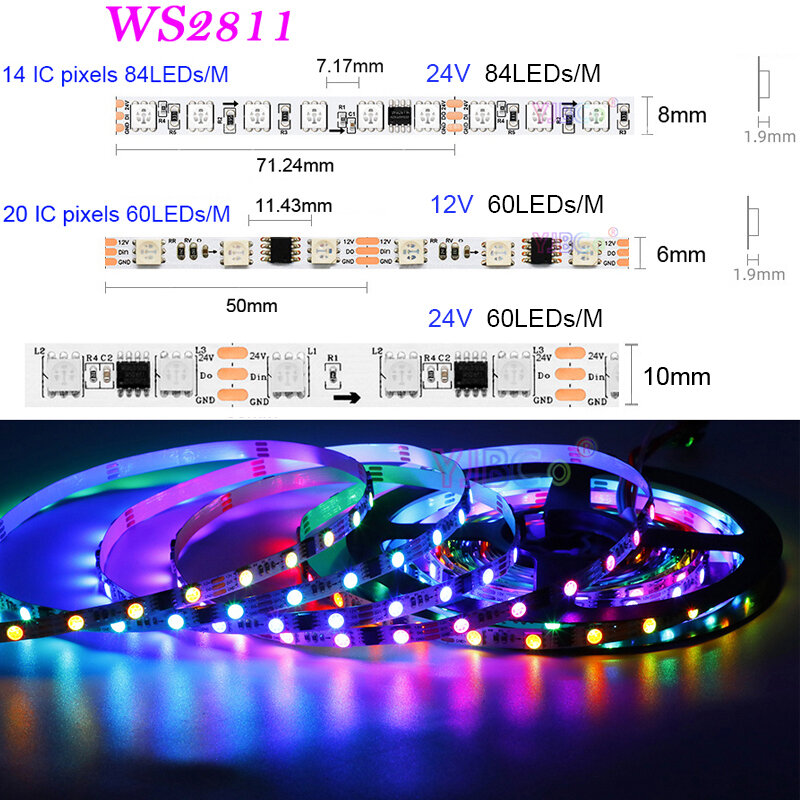 Flexível LED Strip Lights Bar, PCB branco, WS2811, RGB Pixel, IC externo, IP30, 6mm, 8mm, 10mm, 12V, 24V, 5m, 60 LEDs, 84LEDs, m, 5050