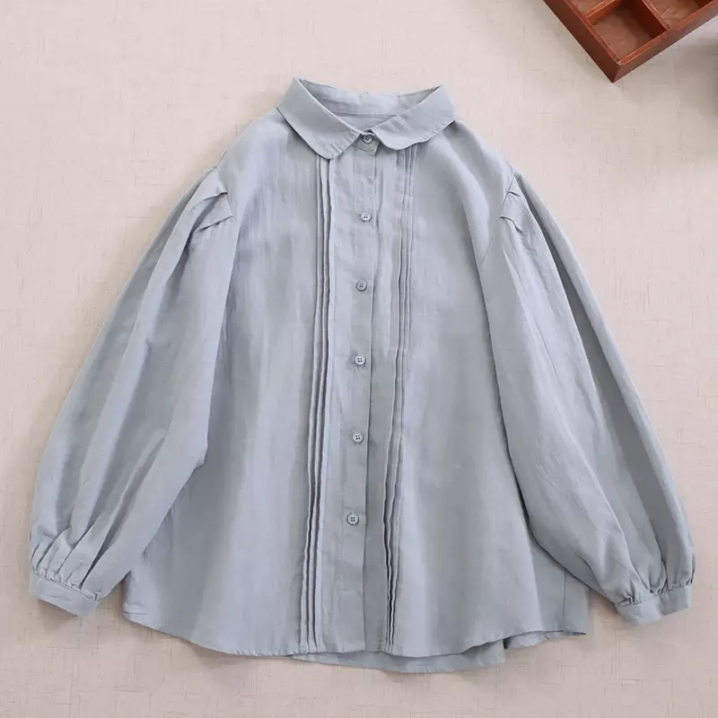 Blusa holgada de lino y algodón para mujer, camisa informal de manga farol con cuello vuelto, estilo japonés, Retro Mori Girl