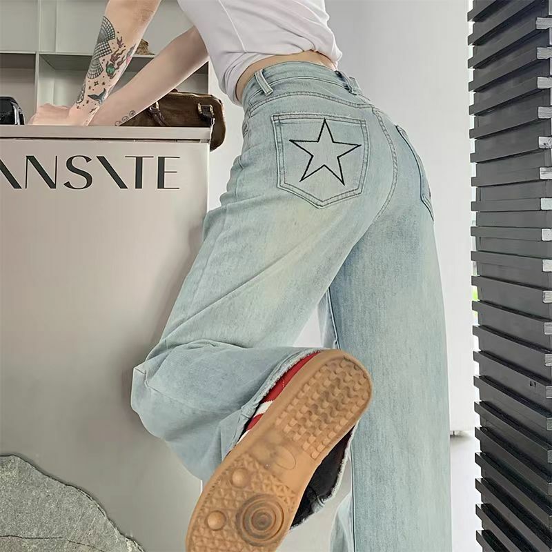 Calça jeans reta feminina de cintura alta azul clara bordada, calça casual de perna larga, streetwear vintage, solta, outono, Y2K