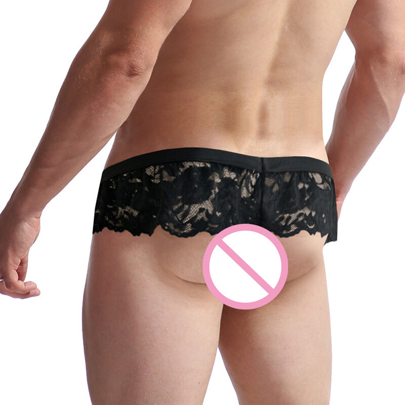 Sexy Men Sissy Thong Lace Open Butt Panties Big Pouch U Convex Man Sheer G-String  Solid Short Skirt Gay Man Erotic Underwear