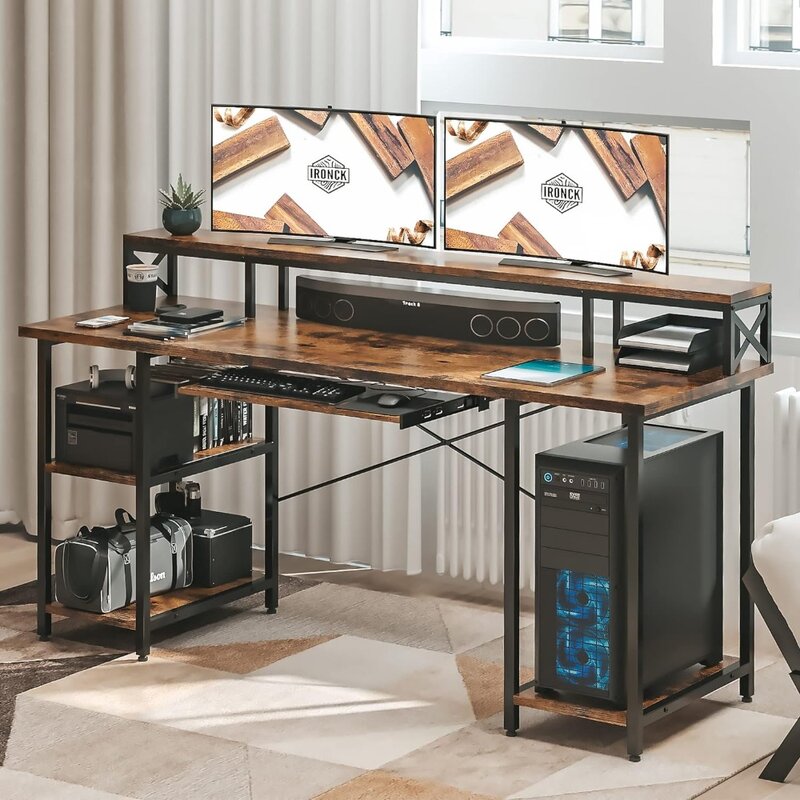 IRONCK Computer Desk 63", Home Office PC Desk with Keyboard Tray Monitor Stand Storage Shelf CPU Stand, Modern