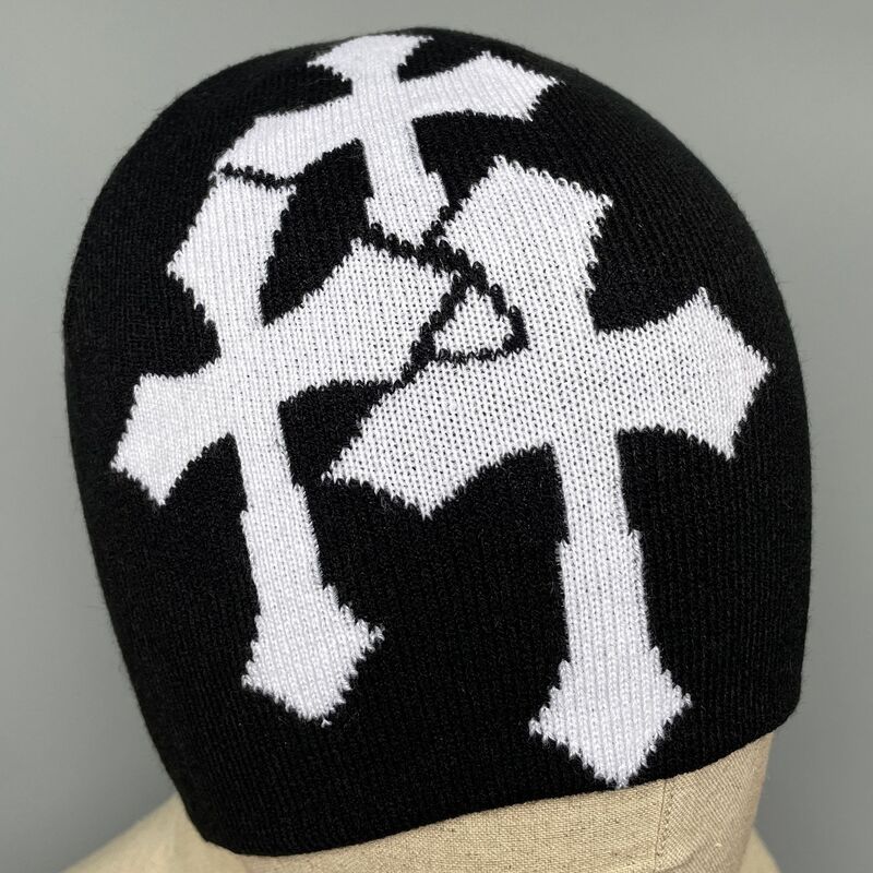 The Y2K sombrero de punto con patrón de cruz, gorro gótico de tres cruces, gorro deportivo suave para exteriores, gorro cálido de invierno