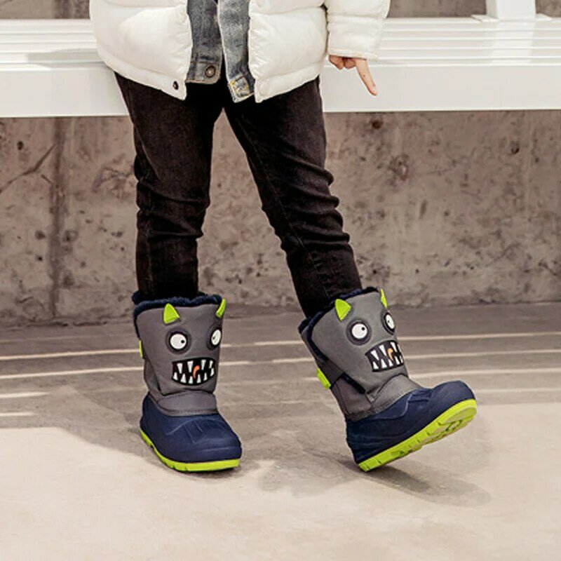 Inverno crianças botas de neve meninos meninas quente impermeável botas de esqui bebê bonito dos desenhos animados dinossauro imprimir botas altas