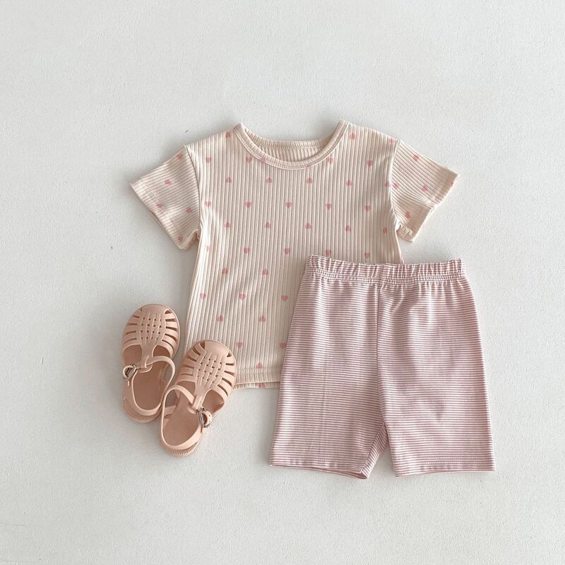 Children Short Sleeve Pajamas Set Summer New Baby Girl Heart Print T Shirts + Striped Shorts 2pcs Suit Kids Versatile Outfits
