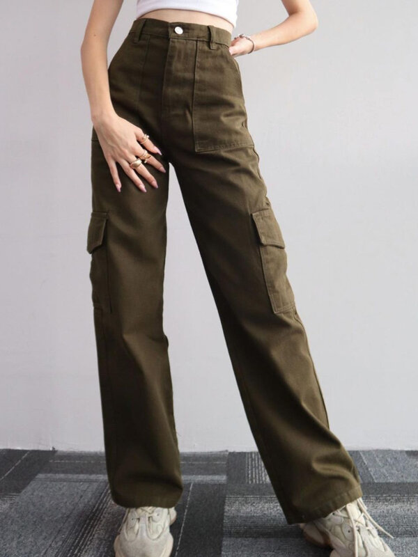 Calças femininas vintage cargo, streetwear Y2K, harajuku coreano, moletom de paraquedas, corredores bege, calças de perna larga