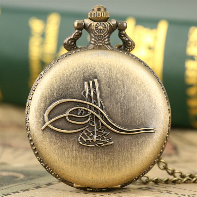 Antique Carved Musical Instrument Design Bronze Quartz Pocket Watch for Men Women Full Hunter Clock with Necklace Chain Souvenir