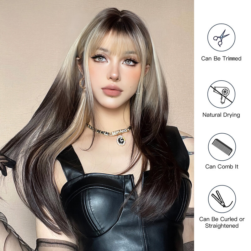 Wig Cosplay lurus sintetis Ombre, pirang Platinum ke rambut hitam wig alami panjang berlapis dengan poni untuk wanita sehari-hari