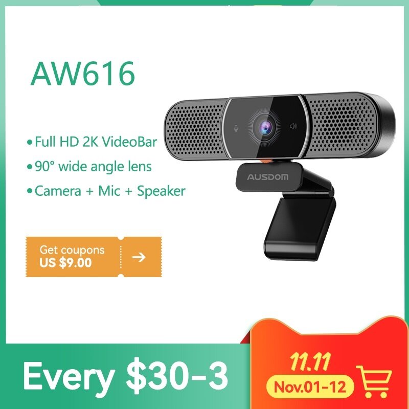 Webcam tudo-em-um com alto-falante com microfone AI, capa de privacidade, câmera USB para conferência, AW616, 2K, nova estreia mundial
