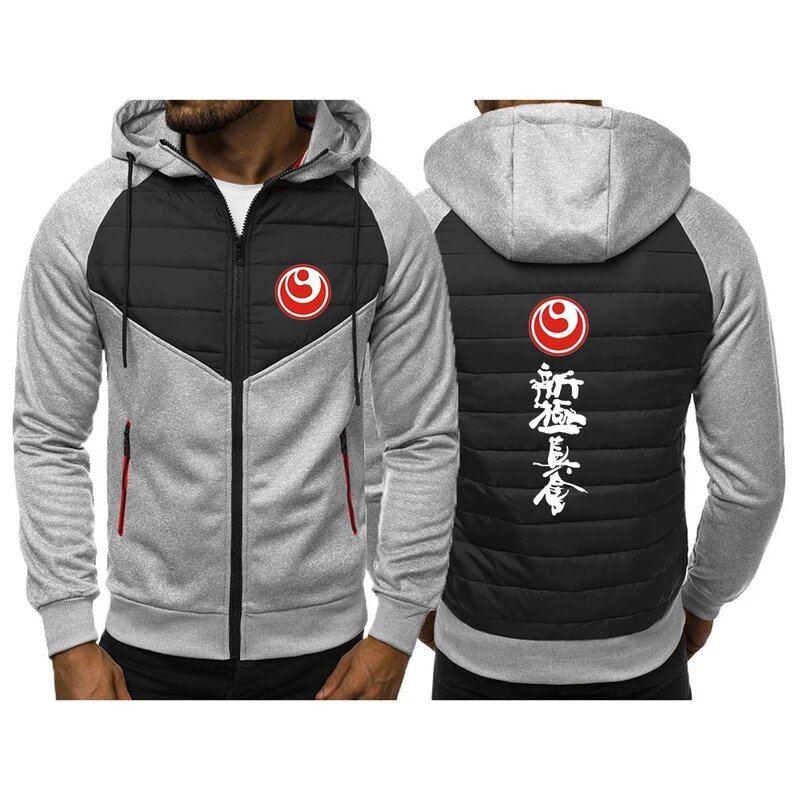 Mężczyźni Kyokushin Karate Jesień i zima Nowe trójkolorowe bawełniane ubrania z kapturem Patchwork Designe Utrzymuj ciepłe płaszcze