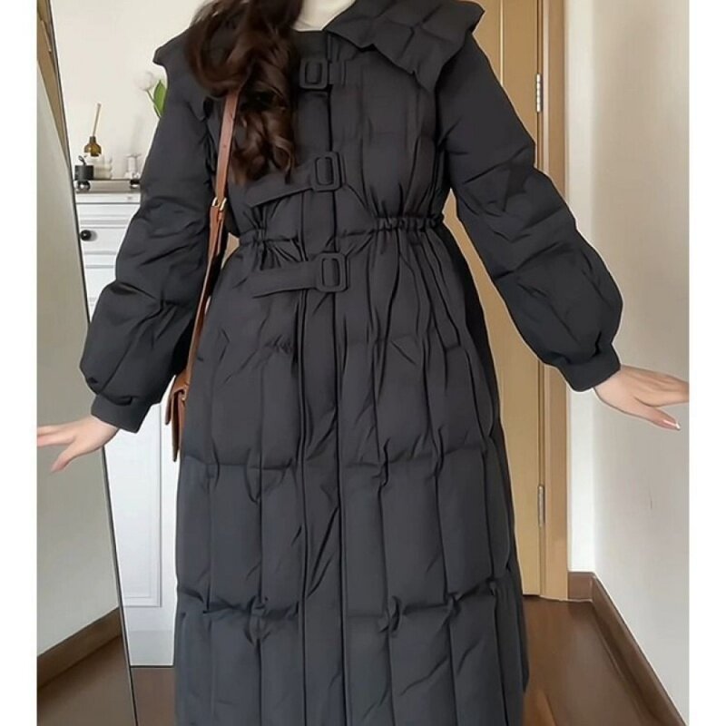 Пуховик женский зимний, новинка 2023, пальто средней длины с матросским воротником и поясом, черное пальто высокого качества