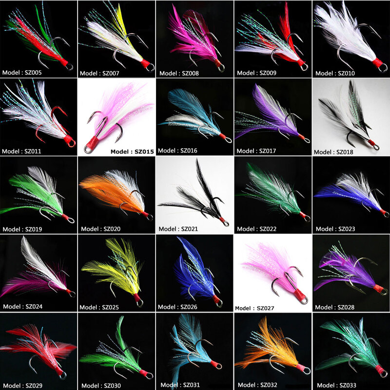 Lot 25pcs Treble Fishing Hook With Feather For Minnow Fly Fishing Lures Crankbaits 25 Colors Annular Sharpened Fishhook 10-3/0#
