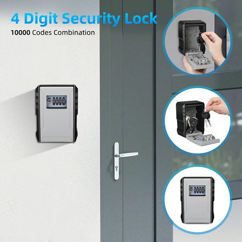 Awapow Metal senha Key Box, montado na parede, 4 dígitos senha caixa de armazenamento, impermeável Anti Theft Safe Lock, grande capacidade Keybox