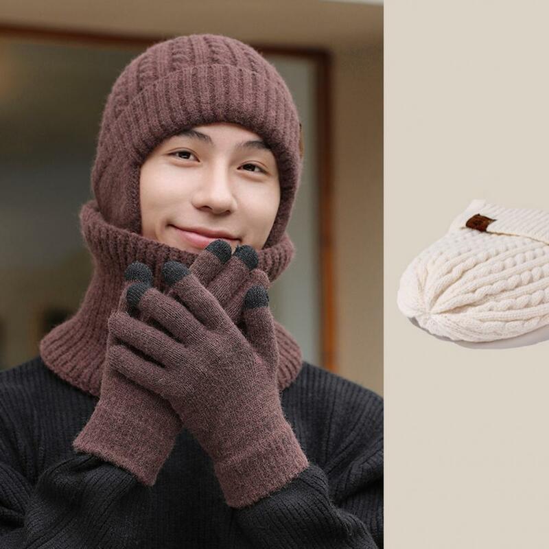 Unisex Winter Accessories Knit Beanie Hat Gloves Scarf Set 3pcs Winter Fleece Lining Hat Scarf Gloves Set for Men Women Touch