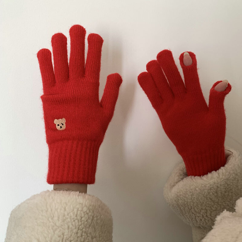 Süße kleine Bär Frauen Touchscreen Strick handschuhe Winter warme Handschuhe solide flauschige Arbeits handschuhe Harajuku Handschuhe für Frauen