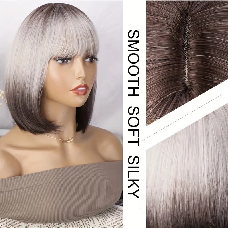 Wig pirang untuk wanita rambut sintetis Wig Bobo pirang pendek dengan poni Wig Cosplay sintetis wanita rambut alami tahan panas