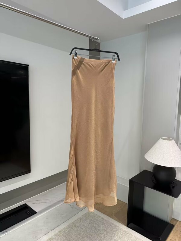 Falda Midi de doble tela para Mujer, falda larga Retro, versión delgada, temperamento, nueva moda, 2024