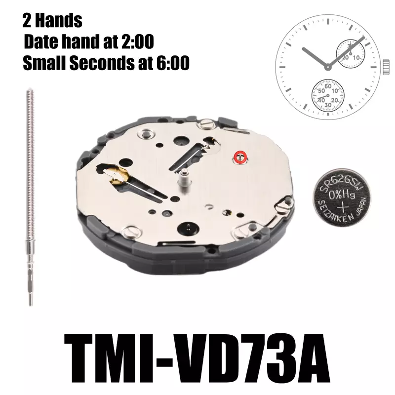 Mechanizm VD73 Mechanizm Tmi VD73 2 wskazówki Mechanizm z wieloma oczkami Mała sekunda w 6:00 Rozmiar: 10 1⁄2 ′′ wysokości: 3,45 mm