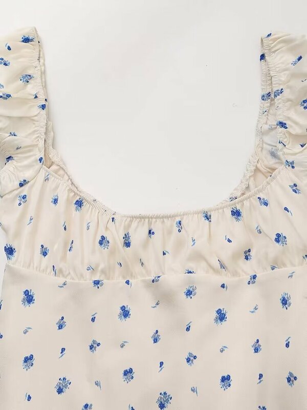 Mini vestido de textura cetim estampado flor feminina, manguito com renda, slim fit, retro, sem costas, nova moda