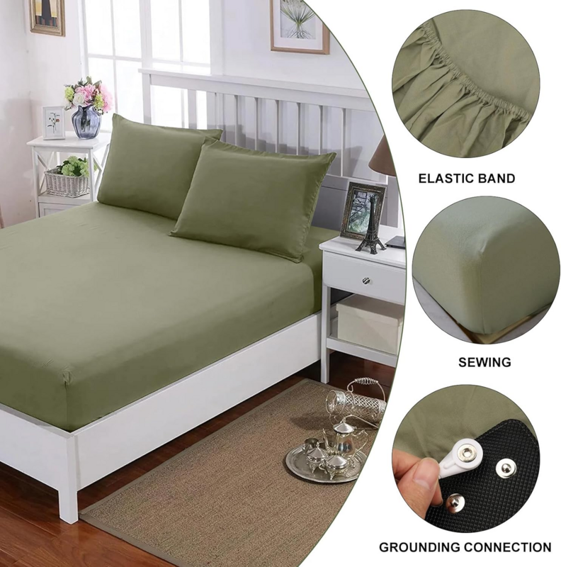 Earthing Grounding Fitted Sheet with Earth Connection Cable Pure Silver Fiber Conductive Bed Sheet, Green