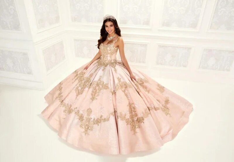 Lorencia-vestidos de quinceañera para mujer, ropa de fiesta de princesa, bordados dorados con apliques, color rosa, 16, YQD34, 15 años