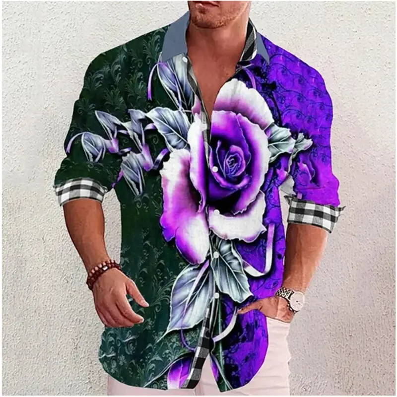 Fashionable men's long sleeved lapel, colorful flower design, casual shirt, soft and comfortable, silky and smooth men's top