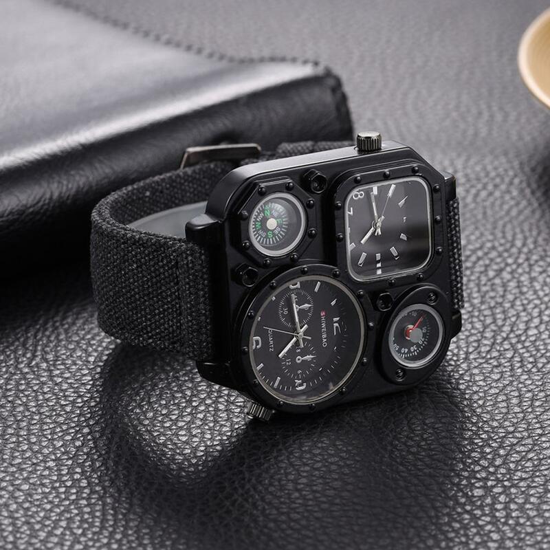 Estilo europeu quadrado dial fivela ajustável design relógio de quartzo masculino multi-fuso horário denim pano pulseira relógio de pulso masculino