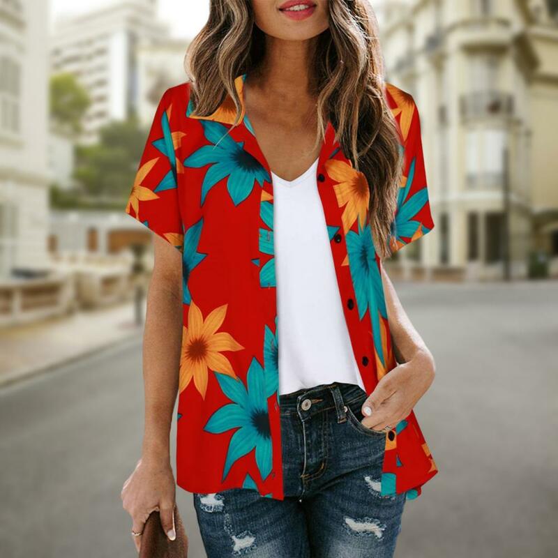 Women Summer Casual Shirt Lapel Short Sleeve Single Breasted Shirt Floral Print Loose Fit Beach Shirt Tops Streetwear